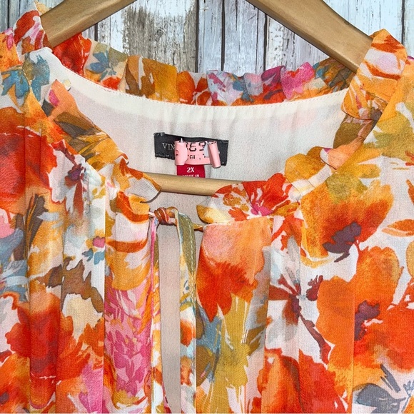 Vince Camuto Orange Floral Smocked Long Sleeve Maxi Dress Size 2X - Picture 6 of 8